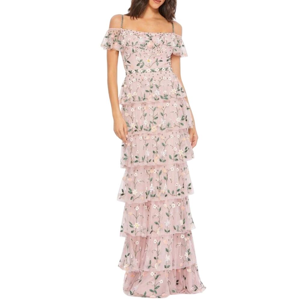 MAC DUGGAL 9069 Off Shoulder Embroidered Ruffle Tiered Gown, Size 6, New w/ Tag